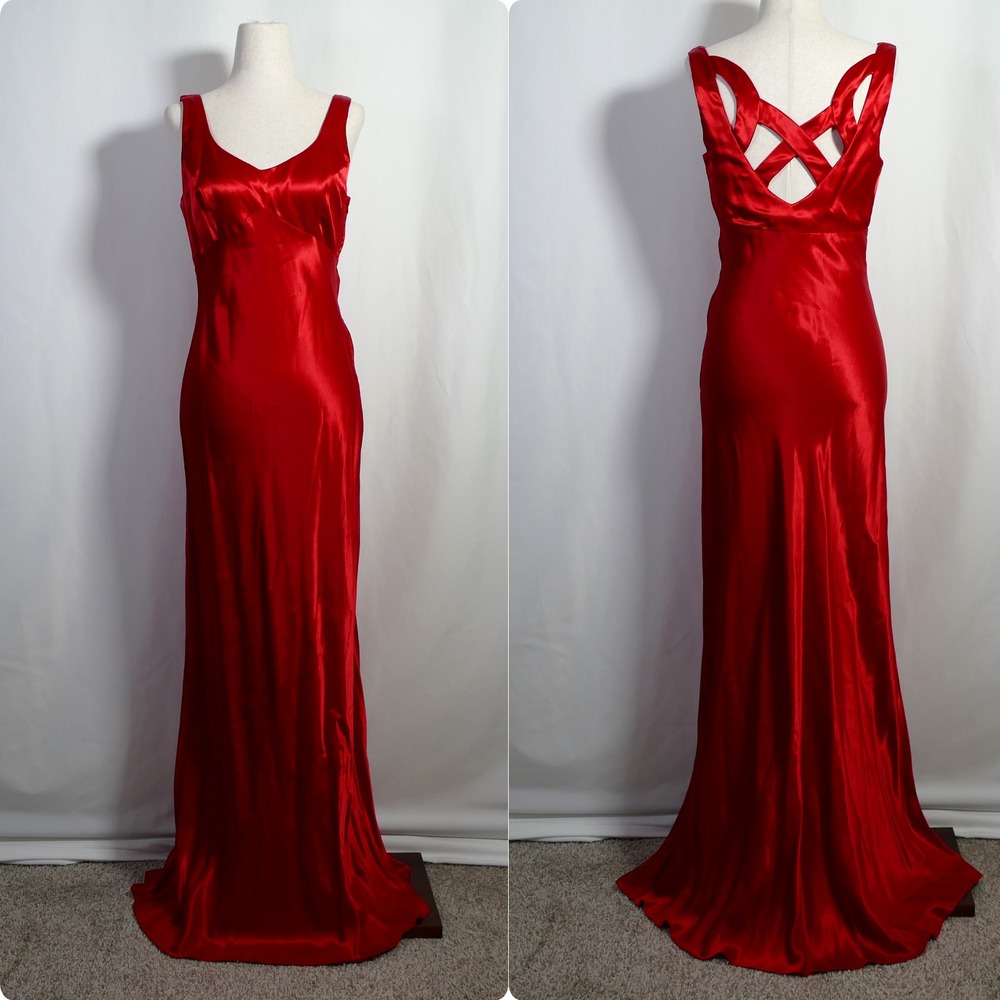 Vintage Y2K Babydoll Satin Maxi Slip Dress Size 4 Cut Out Back Vamp Gala Formal